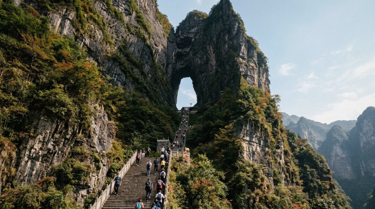 The 999-step Stairway to Heaven climbing to the arch of Tianmen Cave on Tianmen Mountain, Zhangjiajie, Hunan China