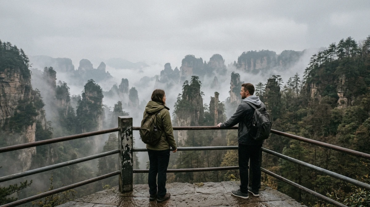 Quartz-sandstone pillars rising through morning mist at the Yuanjiajie viewing platform, the core stop on Zhangjiajie National Forest Park tours in Hunan, China