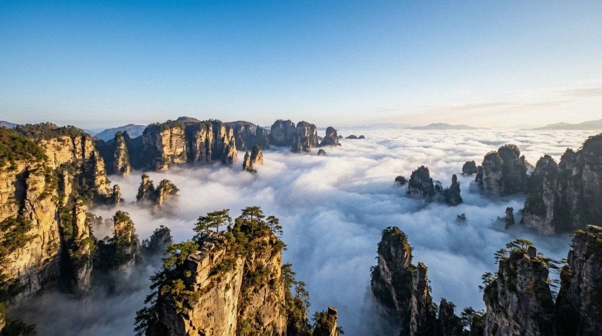 Cloud sea rolling below the summit at Tianzi Mountain after summer rain, one reason some travelers pick summer despite it not being the best time to visit Zhangjiajie