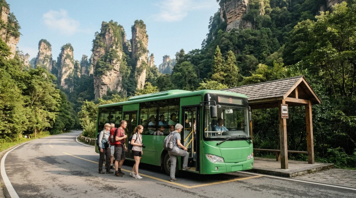 Park shuttle bus loading passengers between scenic areas, part of a well-paced Zhangjiajie itinerary