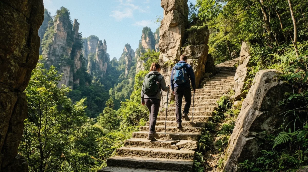 Stone steps climbing between sandstone pillars on a Zhangjiajie itinerary's first day near the East Gate
