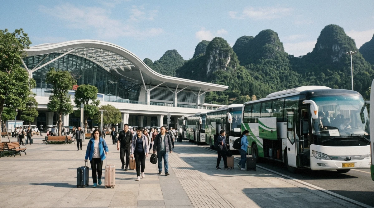 Passengers with luggage outside Zhangjiajie West high-speed railway station, the main rail gateway for how to get to Zhangjiajie